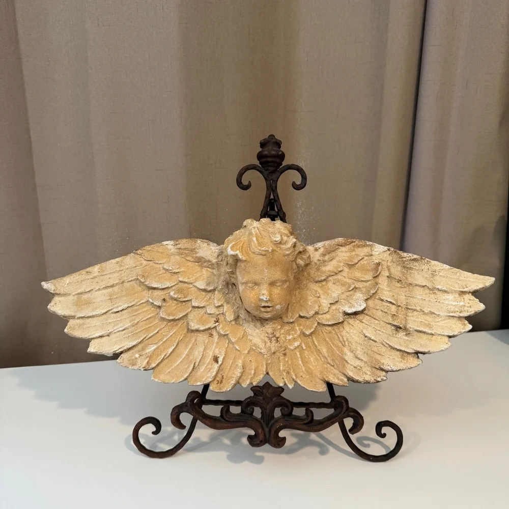 Vintage Cherub Angel Wings Wall Decor Plaque Distressed Architectural Sculpture